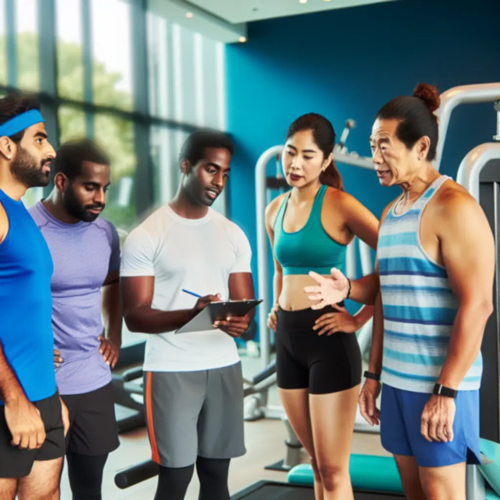 Sporters die met een trainer een trainingsplan doornemen